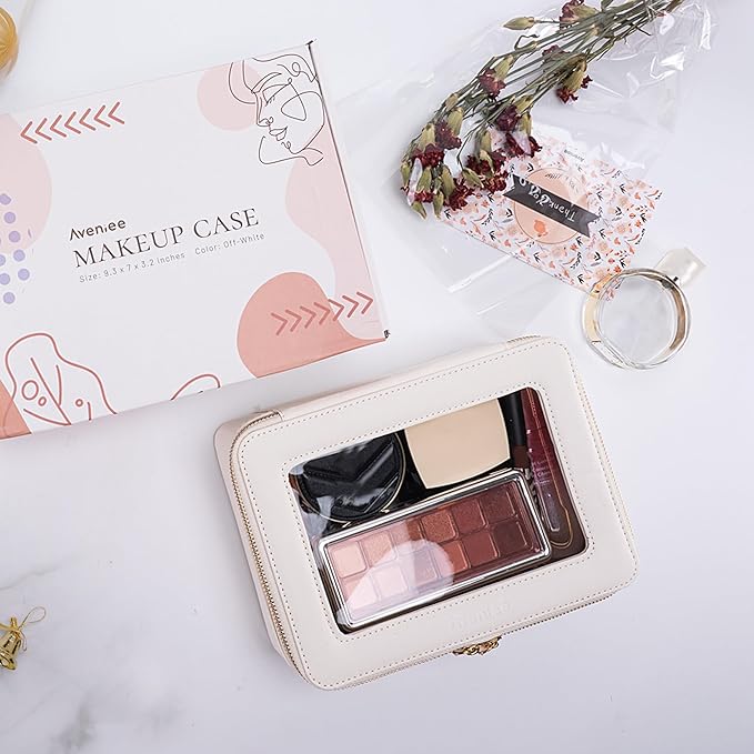 Aveniee Clear Makeup Bag Organizer Set,Portable Travel Toiletry Case for Women, Vegan Leather Cosmetic Pouch Car Bag for Essentials 2pcs,Middle & Large,Beige