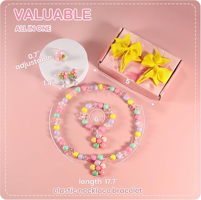 Handmade Unique Flower Pendant Kids Jewelry Set for Little Girls Toddler - Stretch Necklace Bracelets Rings Clip On Earrings - Bow Hair Clips - Birthday Party Costume Dress Up w/Gift Box Bags