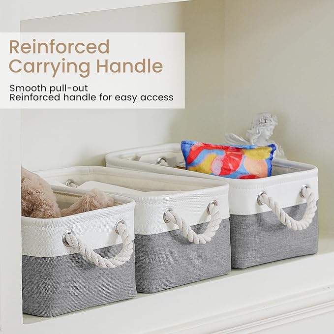 VQRTEXA Storage Baskets for Shelves 11.8x7.9x5.2 Inch, Foldable Fabric Storage Bins with Handles, Small Storage Baskets for Organizing Closet, Bathroom, Office, Home Organization (3-Pack, White&Gray)