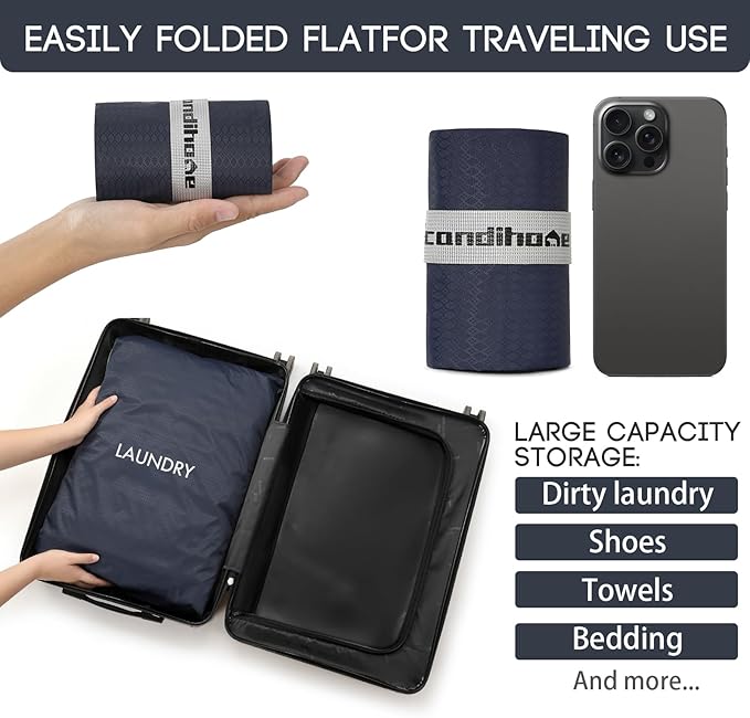 Travel Laundry Bag, Washable Dirty Clothes Bag Waterproof Wet Dry Bags Reusable Camp Clothes Organizer for Sports Home College Dorm Laundromat (1 Pcs X-Large) Navy Blue