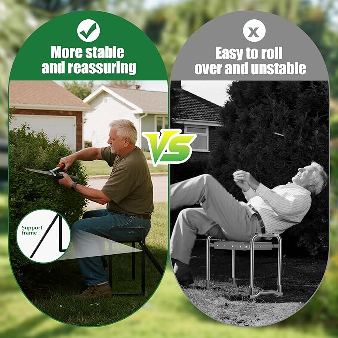 Heavy Duty Garden Kneeler and Seat for Elderly, 400lbs Capacity Foldable Gardening Stool with Support Legs & Thick Pad, Includes Large Tool Organizer Bag, Black