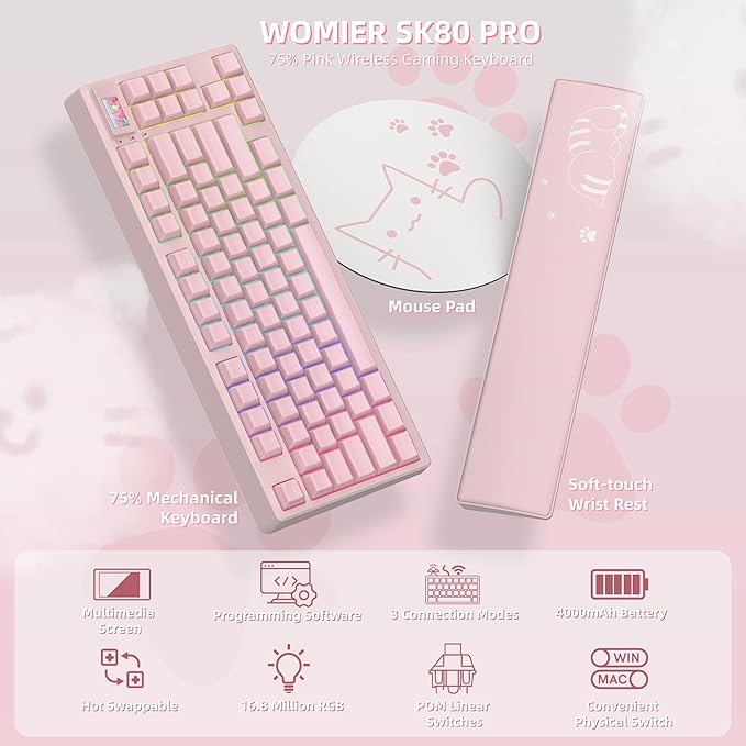 Womier 75% Pink Creamy Mechanical Keyboard Wireless with Color Multimedia Screen Gaming Keyboard, 3-Modes Hot Swappable Cute Key Board w/Wrist Rest, Gasket RGB Custom for Mac/Win (SK80 PRO)