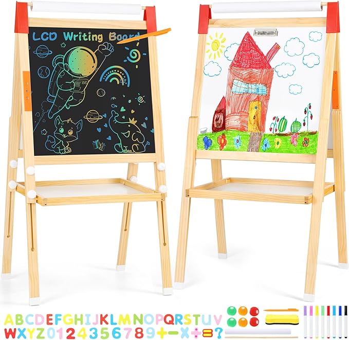 Art Easel for Kids-LCD Writing Tablet, Adjustable Standing Easels w/Magnetic Whiteboard & Paper Roll, Dry Erase Easel with Drawing Accessories, Double-Sided Easel for Kid Toddler 2-4 4-8 8-12