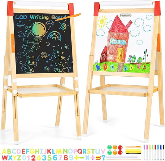 Art Easel for Kids-LCD Writing Tablet, Adjustable Standing Easels w/Magnetic Whiteboard & Paper Roll, Dry Erase Easel with Drawing Accessories, Double-Sided Easel for Kid Toddler 2-4 4-8 8-12
