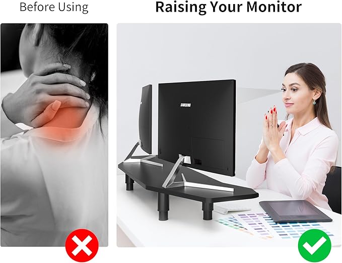 AFOOYO 39.4 Inch Dual Monitor Stand Riser Black,Plane Wing-Shaped Sturdy Computer Desk Riser for 2 Monitors, Adjustable Length and Wood Monitor Stand for Laptop, Computer,Extra Long