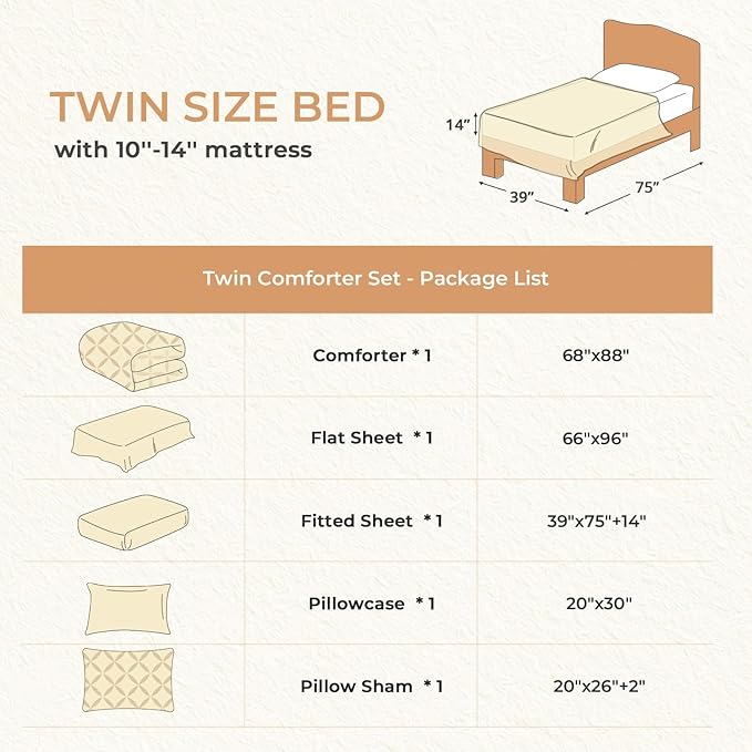 Sasttie Twin Comforter Set, 5-Piece Bed in a Bag, Pintuck Bedding Sets for All Season, Includes Comforter, Flat Sheet, Fitted Sheet, Pillowcase and Pillowsham, Warm Beige