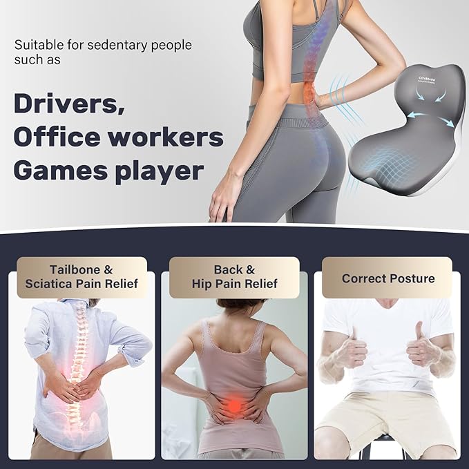 Coverado Car Seat Cushion and Lumbar Support Pillow One Piece, Memory Foam Ergonomic Back Support Driving Seat Cushion for Back Pain, Non-Slip Washable Cushion for Car, Driver, Office