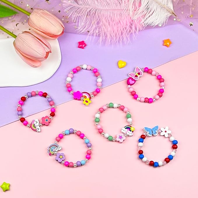 12pc Little Girl Bracelet for Toddler Kids, Rainbow Butterfly Wooden Bracelets, Little Girl Princess Pretend Play and Dress Up Bracelet, Little Princess Jewelry Gift