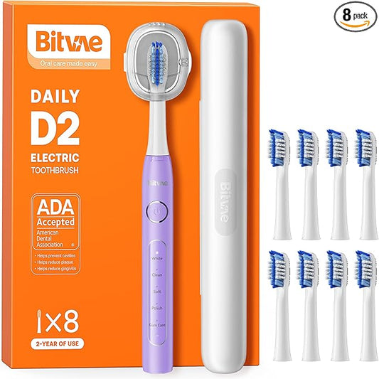 Bitvae Ultrasonic Electric Toothbrush for Adults and Kids, ADA Accepted Travel Electric Toothbrush with Rechargeable 60-Day Battery Life, 8 Toothbrush Heads, 5 Modes, Toothbrush Holder, Purple