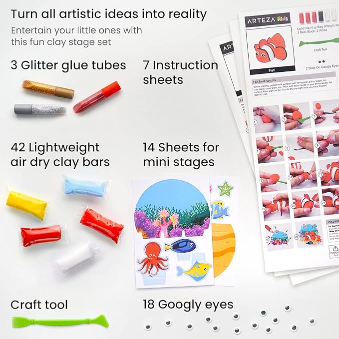 Arteza Kids Air Dry Clay, 42 Bars, Sea Life Stage Modeling Clay Kit, 14 Mini-Stages, 18 Googly Eyes, 3 Glitter Glues, 1 Craft Tool, 7 Instruction Sheets, Craft Supplies for Learning and Developing