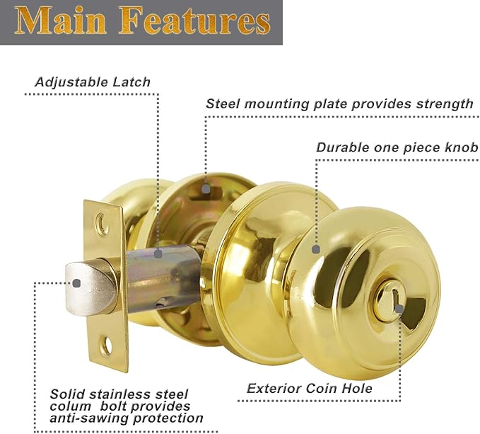 Probrico Home Bed & Bath Privacy Door Knob in Polished Brass, Flat Ball Interior Hardware, Keyless Universal Handing Door Lockset, 1 Pack