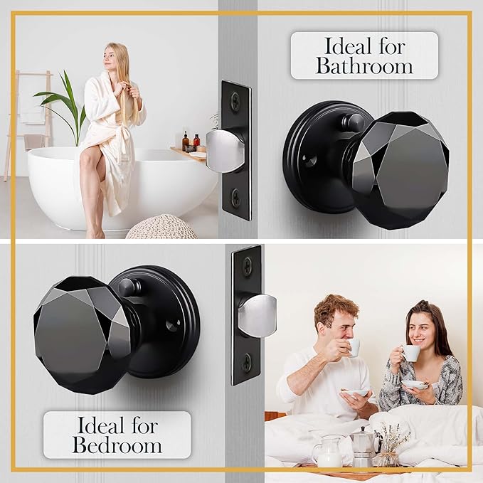 Black Crystal Door Knob with Lock, Glass Door Knobs Interior Privacy Set, Vintage Decorative Antique Style Handle for Bedroom, Bathroom, Closet, 2 Pack