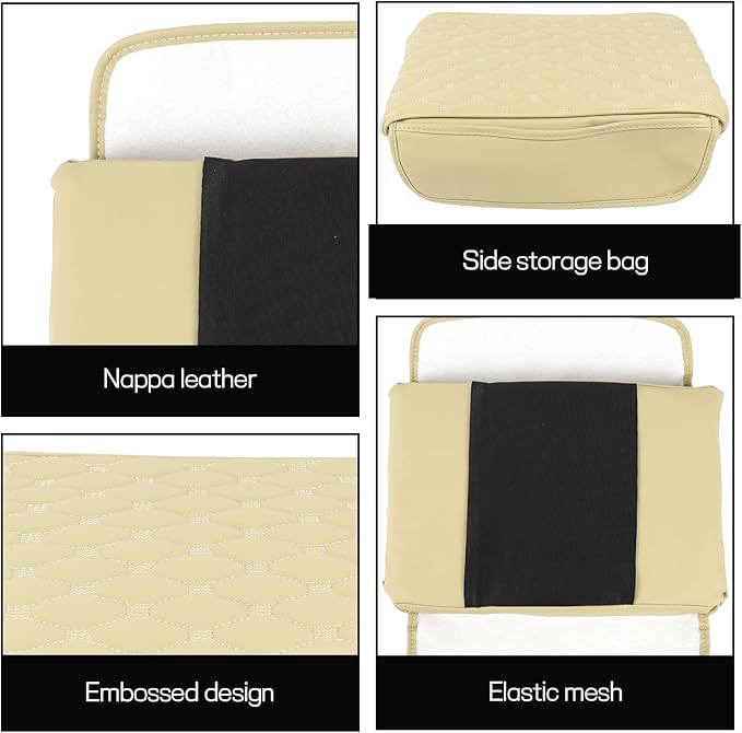 wuyaoyao Car Center Console Cover, 12.13"×8.66"×3.74" Leather Car Armrest Cover with with 2 Side Pockets, Memory Foam Soft Auto Armrest Cushion Pad, Universal Vehicle Arm Rest Protector (Beige)