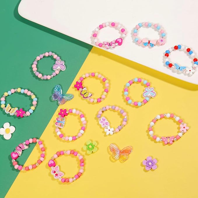 Butterfly Bracelets for Kids Girls - Princess Birthday Gifts Party Favors Goodies Bag Stuffers Fillers, Wooden Beaded Play Jewelry Bracelets Cute Butterflies Flowers Pendants