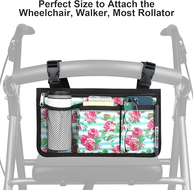 Wheelchair Side Bag, Upgrade Flower Color Wheelchair Armrest Storage Pouch with Cup Holder and Reflective Strip Made with Waterproof Fabric, for Most Wheelchairs, Walkers and Rollators (White Floral)