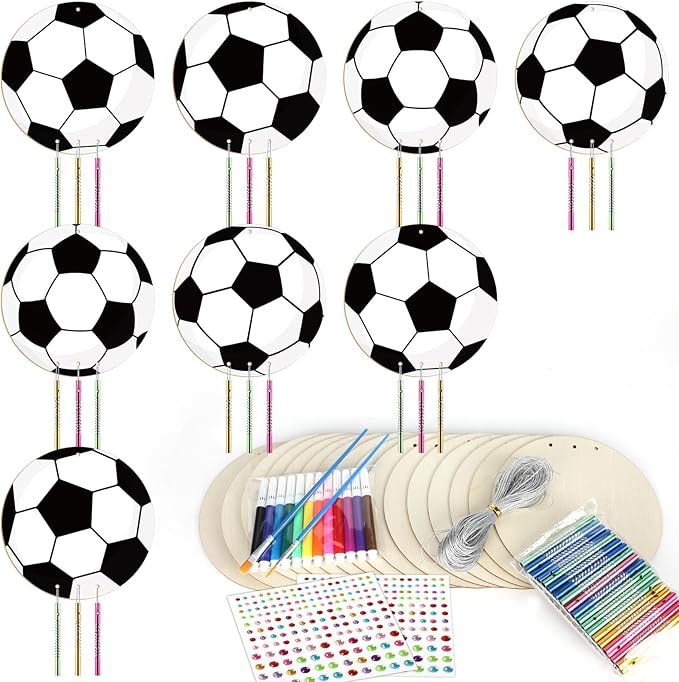 gisgfim 16 Pack Soccer Wind Chime Crafts Kits for Kids Make Your Own Soccer Wind Chime Wooden DIY Arts and Crafts Decoration for Birthday Party School Classroom Decorations Supplies Birthday Favors