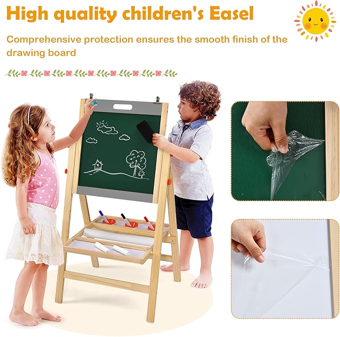 Costzon Art Easel for Kids, 3-in-1 Wooden Folding Toddler Easel Magnetic w/Paper Roll & Storage Tray, Height Adjustable Double Sided Whiteboard Chalkboard Kids Art Easel Boys Girls Painting (Nature)