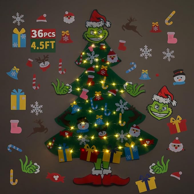 4.5ft Felt Christmas Tree for Toddlers with LED Light & 37pcs Ornaments, Velcro Montessori DIY Xmas Decorations - 4.5 Feet