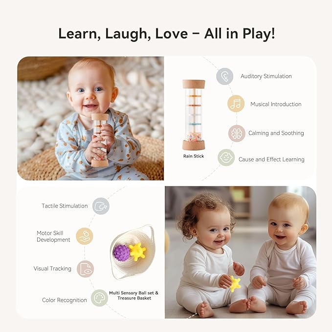 IEATFO Montessori Toys for Babies 6-9 Months, 7-in-1 Wooden Playful Learning Toys with Rainmaker, Multi Sensory Ball, Object Performance Box, Stacking & Nesting Rings, Mirro Knob Puzzle and More