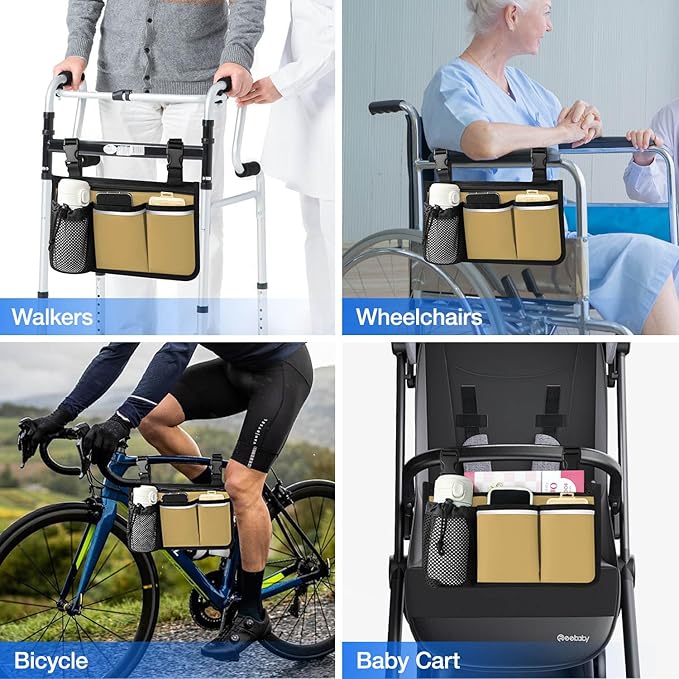 Wheelchair Bag, Walker Bag, Wheelchair Side Bag, Armrest Organizer Pouch with Cup Holder Attachment and Reflective Strip, Accessories for Most Wheelchairs, Walker, Rollators (Khaki)