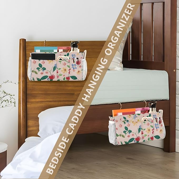 Cute Cherry Blue Flowers Bedside Caddy for Dorm Bed Bedside Hanging Caddy Bag Iron Frame Storage Organizer Pocket for Bunk Home College Hospital Beds 2 Hooks