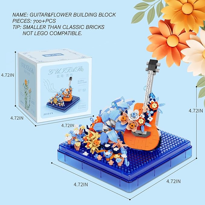Guitar Mini Building Block Sets with Colorful Flower Decor, Micro Building Sets with Dust Cover,Gift for Girl,Lover,Mother, Home Office Decor Kit Suit for Kids and Adult Aged 8+(Guitar)