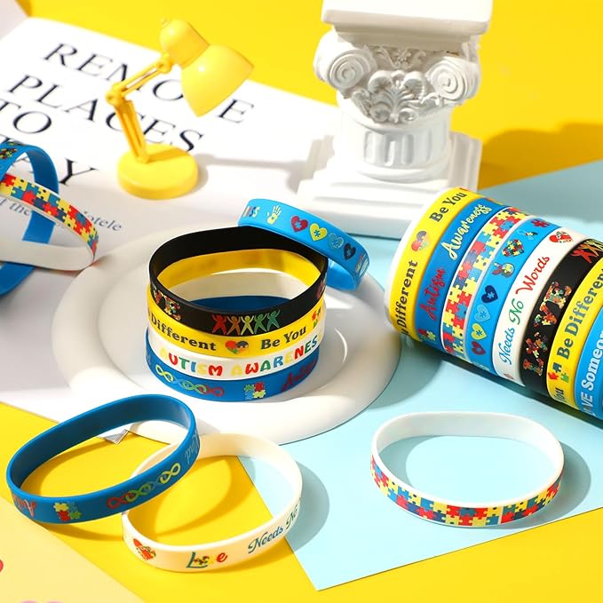 JUNEBRUSHS 42pcs Autism Awareness Silicone Bracelets Colorful Puzzle Pieces Inspirational Rubber Wristbands Accessories for Kids Adults Autism Awareness Party Decorations Gift Supplies (7 Designs)