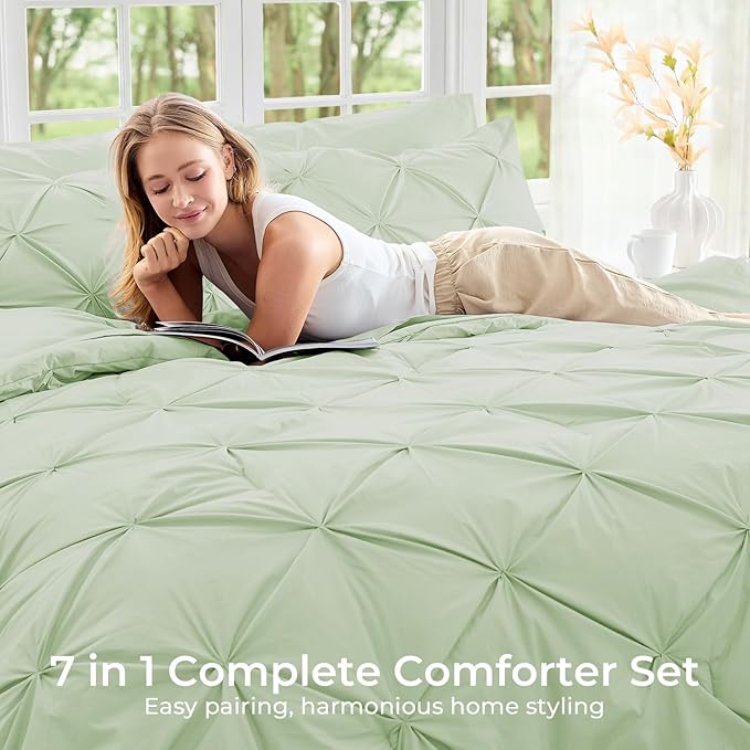 Sasttie King Size Comforter Set, 7-Piece Bed in a Bag, Pintuck Bedding Sets for All Season, Includes Comforter, Flat Sheet, Fitted Sheet, Pillowcases and Pillowshams, Mint