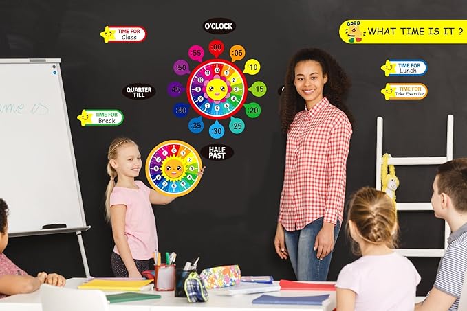 WhatSign Telling Time Bulletin Board Set Telling Time Teaching Clock for Kids 34Pcs Kids Clock Learning to Tell Time Clock Practice Cutout for Teacher Must Have Classroom Bulletin Board Decorations