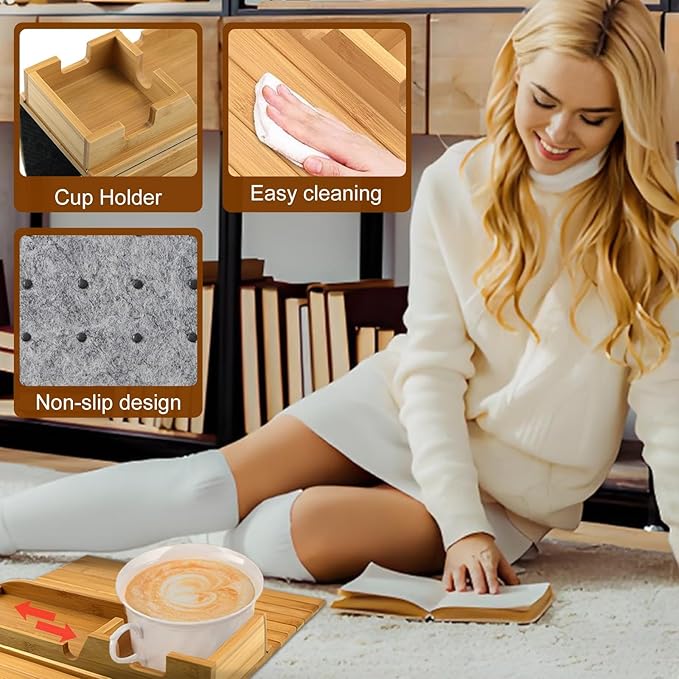 CNQLIS Bamboo Couch Cup Holder - Detachable Sofa Armrest Tray, Anti-Slip Foldable Sofa Table Tray for Drinks, Cellphone, Remote, Snacks, Versatile 2-in-1 Couch Arm Tray Set (Bamboo Colour)