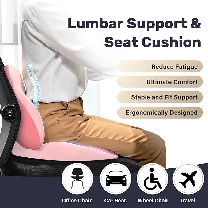 Coverado Car Seat Cushion and Lumbar Support Pillow, Memory Foam Ergonomic Back Support Driving Seat Cushion for Sciatica, Tailbone, Back Pain, Non-Slip Washable Cushion for Car, Driver, Office