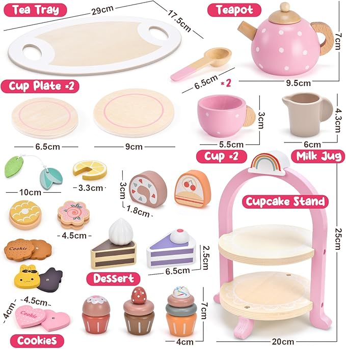 Atoylink Wooden Tea Party Set for Little Girls Toys Kids Play Kitchen Toddler Tea Set with Play Food & Cupcake Stand Pretend Play Wooden Toys for 2 3 4 5 6 Year Old Girl Christmas Birthday Gift, Pink