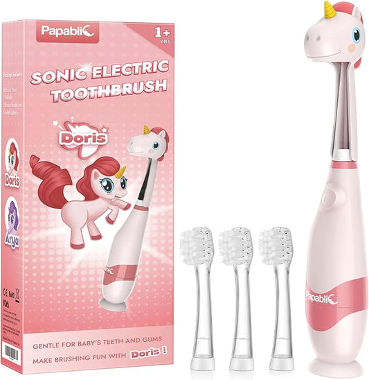Papablic Toddler Sonic Electric Toothbrush for Ages 1-3 Years, Baby Electric Toothbrush with Cute Unicorn Cover and Smart LED Timer, 4 Brush Heads (Doris)