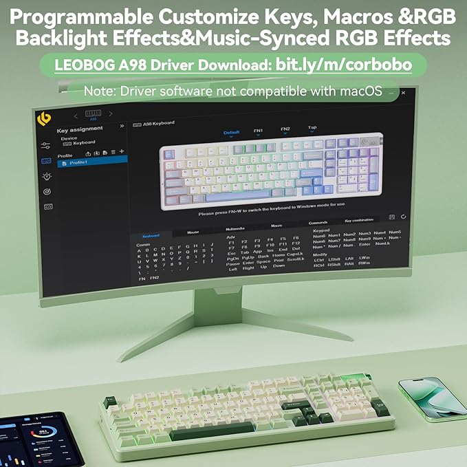 LEOBOG A98-96% Mechanical Keyboard Wireless, Tri-Mode BT5.0/2.4GHz/USB-C, Creamy Keyboard with Number Pad, Gasket Structure Hot Swappable, RGB Backlit Green Gaming Keyboard with Knob for PC