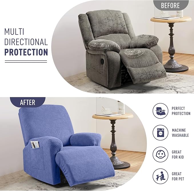 KinCam Recliner Covers, Stretch Reclining Chair Covers, Recliner Sofa Slipcovers Stripe Jacquard Recliner Couch Covers Furniture Protector Covers for Pet Kid (1 Seater, Lake Blue)