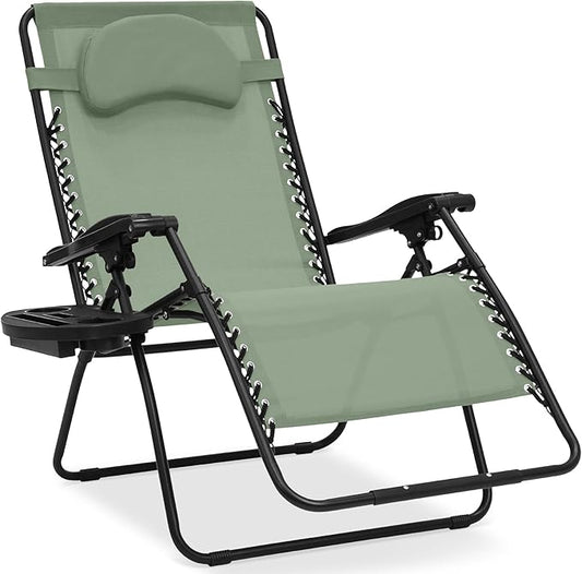 Best Choice Products Oversized Zero Gravity Chair, Folding Outdoor Patio Lounge Recliner w/Cup Holder Accessory Tray, Pillow - Sage Green