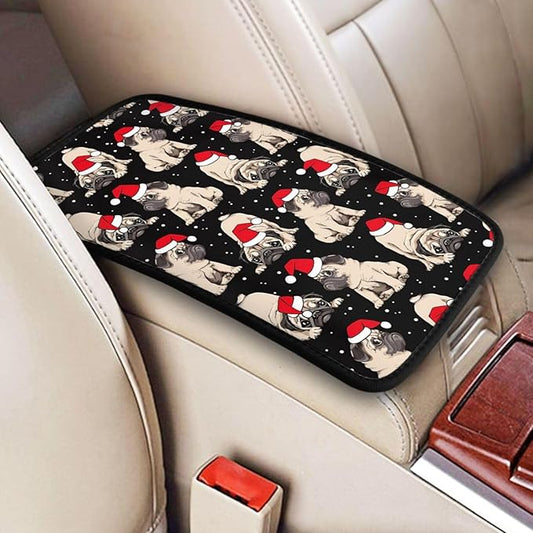 DORKEIXIA Christmas Pug Cute Dog Black and White Auto Center Console Armrest Pad Universal Car Center Console Cover Seat Box Cover for Sedan, Van, SUV, Truck Car Accessorie