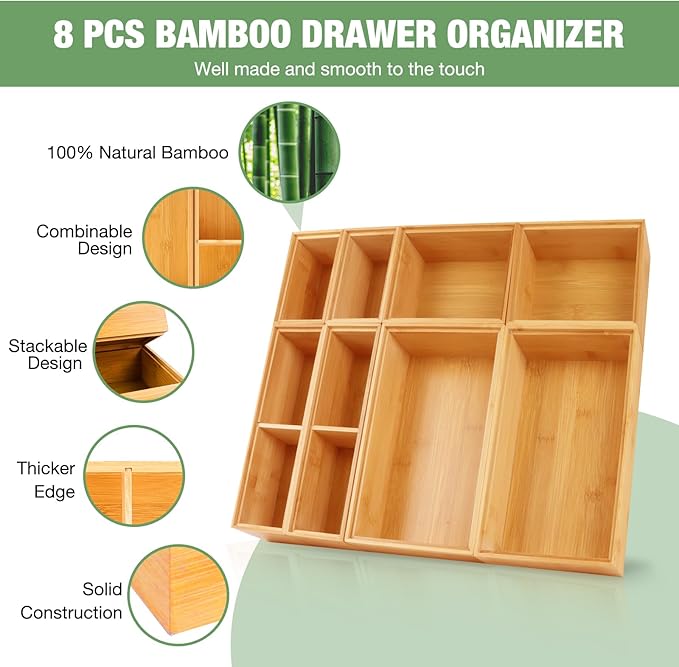 Bamboo Drawer Organizer Set, 8 PCS Multi-Use Wood Drawer Storage Boxes, Junk Drawer Organizer Divider Bins for Kitchen, Bathroom, Office Desk, Makeup, Jewelry, Utensils