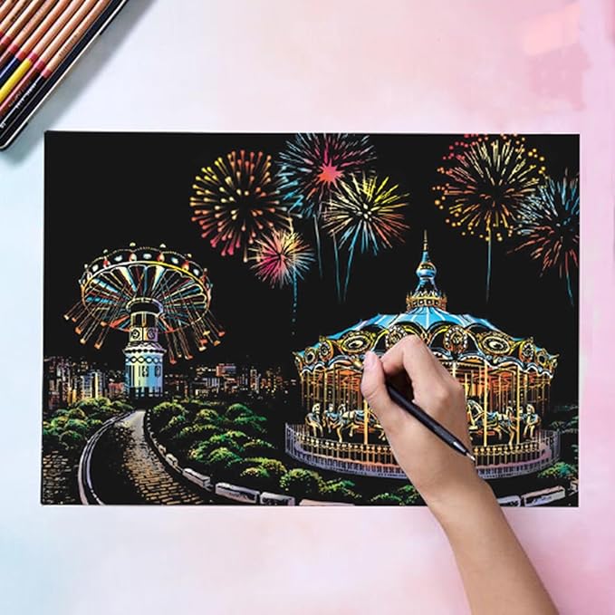 Georgie Porgy Scratch Paper Art A3 Set DIY Arts and Crafts Kits for Kids Adults, Magic Rainbow Scratch Postcard for Christmas Birthday Gift with Scratching Tools Kit (Amusement Park+ Dream Castle)