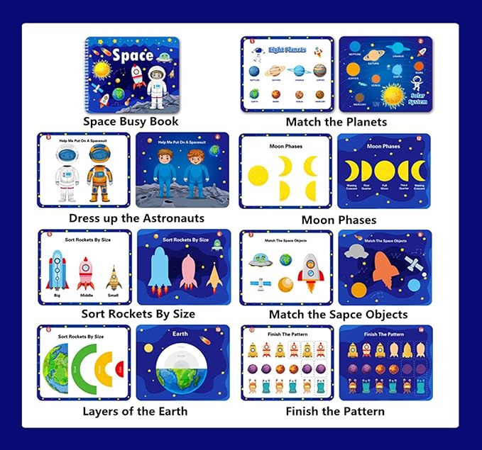 Preschool Montessori Toys for Toddlers, Space Busy Book Learning Toys for Kids Toddlers Preschool Learning Activities, Autism Sensory Educational Toys for Boys & Girls Christmas Birthday Gifts