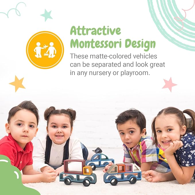 Stick It Montessori Food Grade Silicone Stacking Vehicles, 14 Pcs Toddler Baby Building Blocks Teether Educational Open Ended Shapes STEM Toy, 18+ Months (Car)