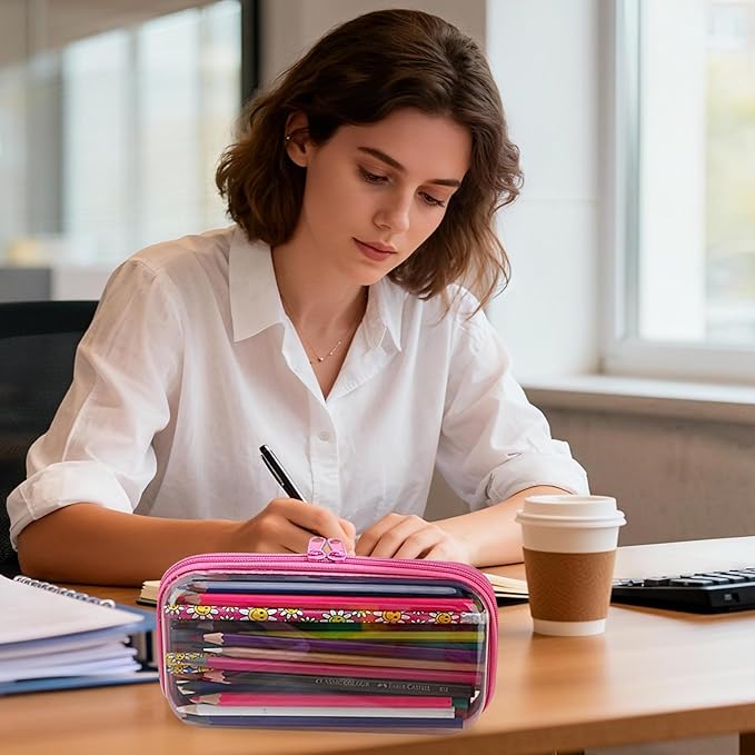 Clear Hard Shell Zipper Case,Clear Toy Storage Pouch,Waterproof Transparent Organizer Comestic Case for Travel, Office, Home (Pink, 3*M)