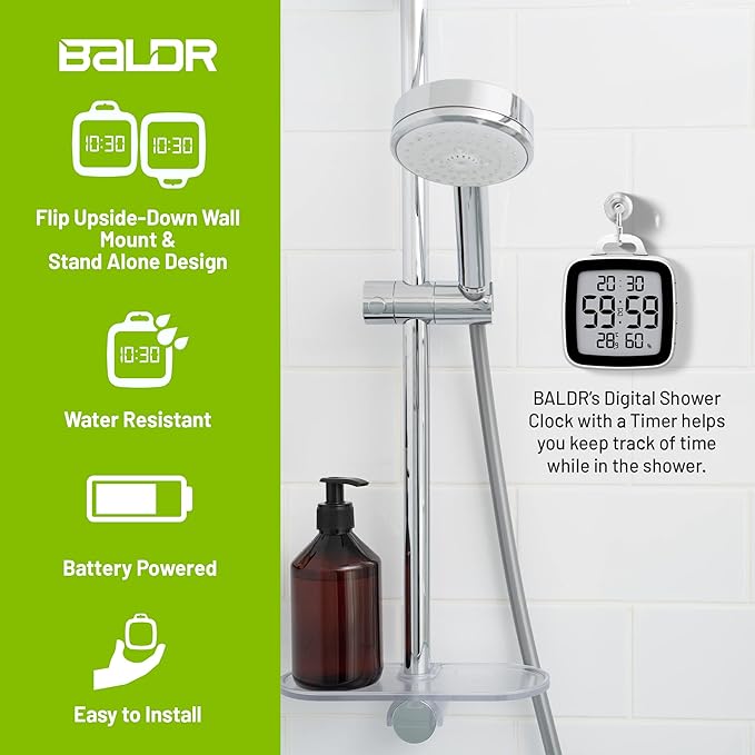 BALDR Digital Bathroom Clock with Timer - Waterproof Shower Clock with Time and Temperature - Waterproof Shower Timer for Kids and Adults - Bathroom Timer, Digital Shower Clocks for Bathroom (Black)