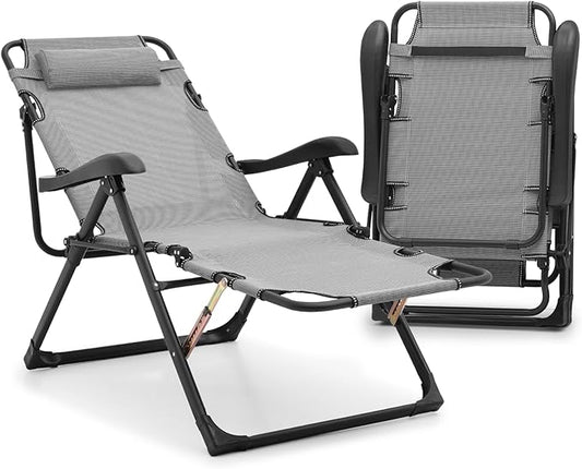 Athena Collection Zero Gravity Outdoor Lounge Chair Recliner Set of 2, 27" Width Reclining Pool Lounge Lawn Chairs with Headrest, Outdoor Chaise for Beach Patio Backyard Outside, Grey