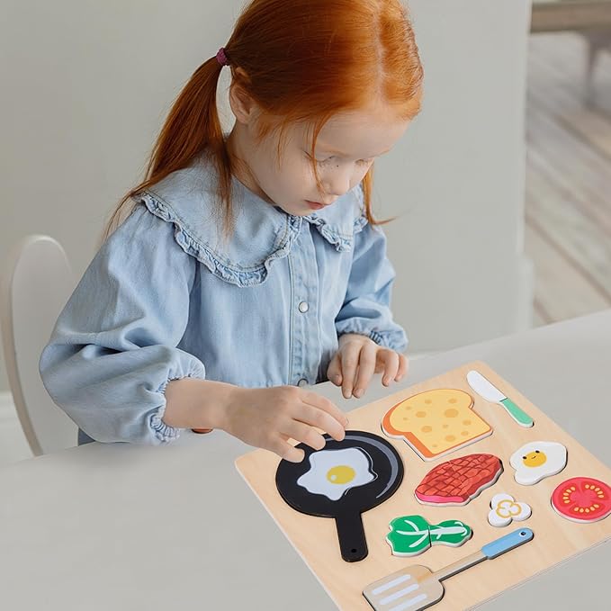 Adena Montessori Wooden Puzzles Play Fake Food for Kids Cookware Fried Egg Vegetables Set Kitchen Toys