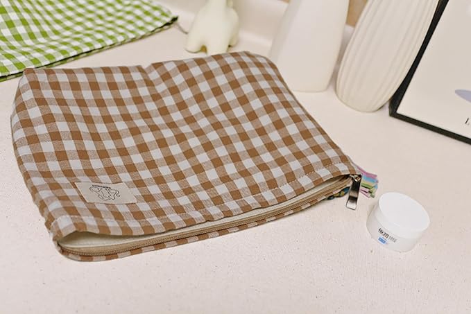 HAPPYHEIDI Khaki Gingham Cotton Makeup Bag Cosmetic Travel Pouch with Bottom, Make Up Purse Organizer, Zipper Closure, Canvas Lined…