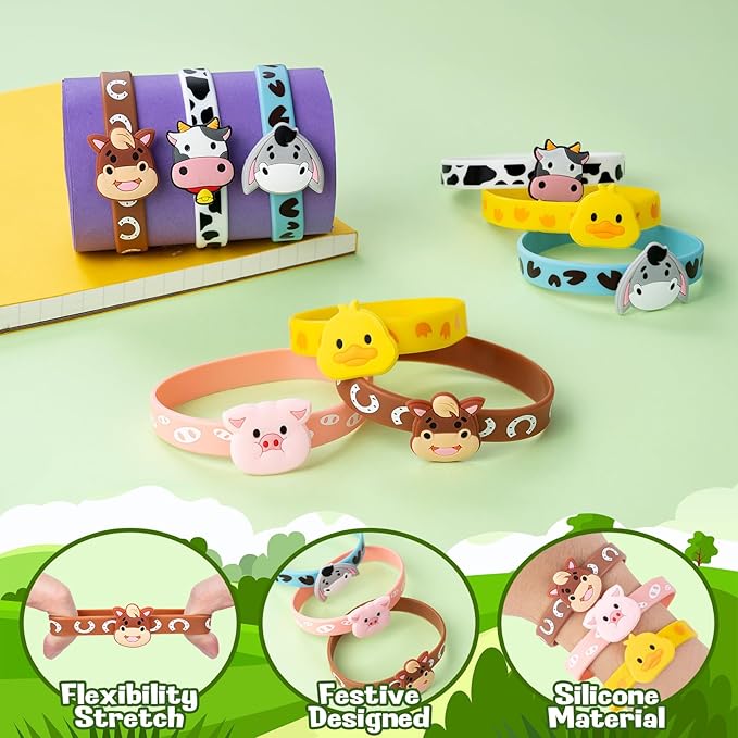 30 PCS Farm Animal Party Favors 10 Silicone Wristbands 20 Slap Bracelets Themed Birthdays Party Supplies Decorations Decor Cow Barn Animals Sheep Pig Horse Tractor Pattern Girls Boys Gifts