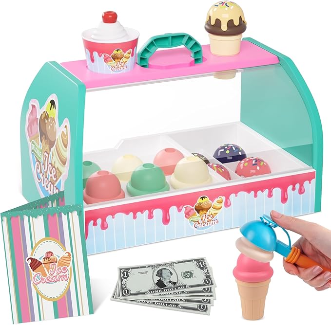 Ice Cream Counter Playset for Kids, Ice Cream Shop Toys, Pretend Play Toys, Play Food Scoop and Serve, Toddler Girls and Boys Ages 3+