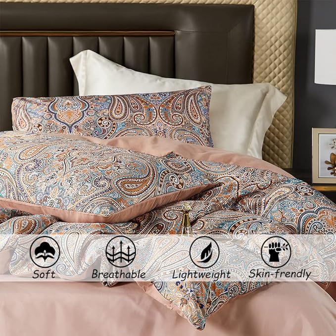 Gold Duvet Cover Set,5 PCS Medallion Paisley Print Comforter Cover Set,Bohemian Pattern Bedding Set,Vintage Style Flower Duvet Cover,Soft Reversible Design(Paisley,Queen)