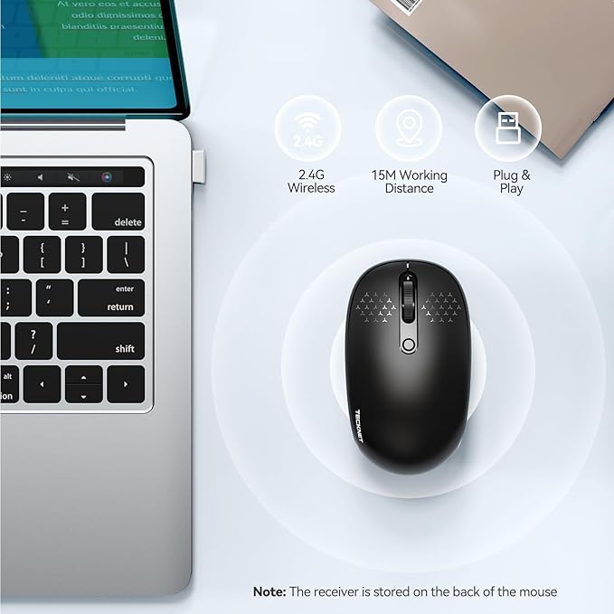 TECKNET Wireless Mouse, 2.4G Quiet Computer Mouse with USB Receiver, 4 Buttons Portable Cordless Mice for Chromebook, Laptop, PC, Mac, 800/1200/1600 DPI - Black